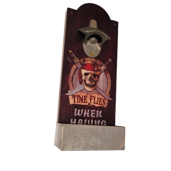 Skull PIRATE bottle opener "time flies when you're having rum"cap catcher drawer - Picture 2 of 7